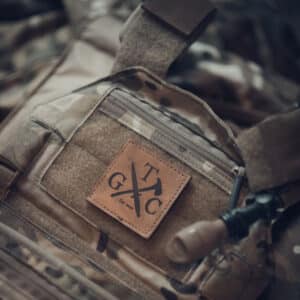 Leather patch on chest rig